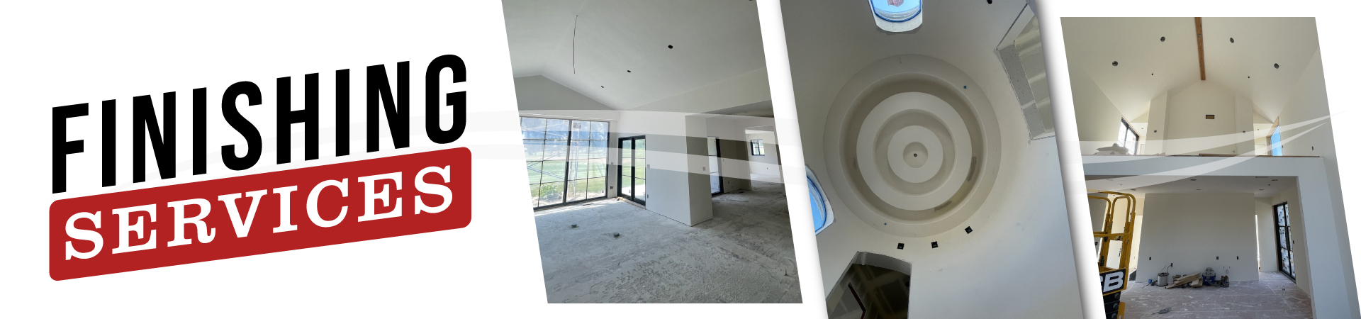 Finishing services showcasing various techniques, including smooth finishes and textured ceilings