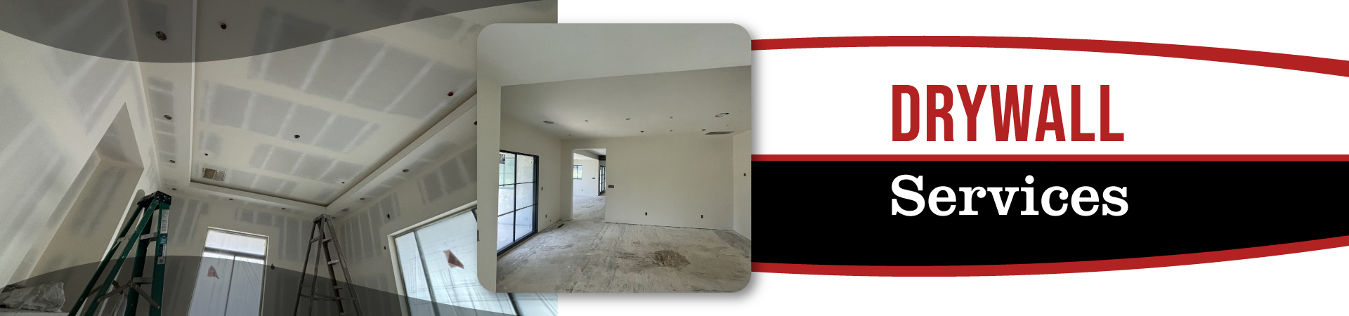 Drywall installation services, showcasing completed rooms and ongoing construction