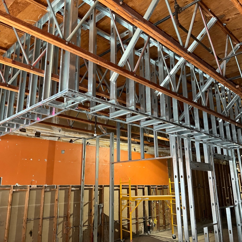 Metal framing for interior walls and ceilings in a commercial space